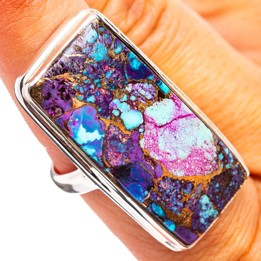 Sterling silver ring with rectangular purple, blue and turquoise gemstone inlay