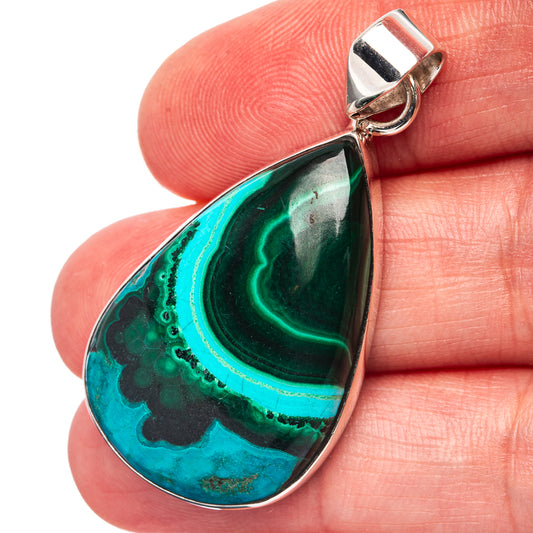 Malachite-in-chrysocolla teardrop pendant in sterling silver, turquoise-green stone