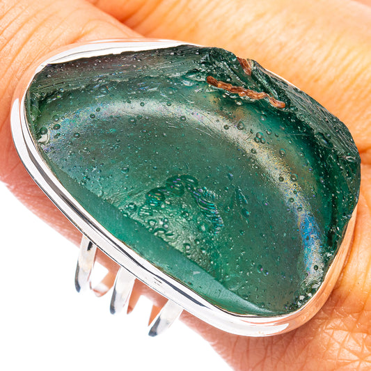 Silver ring with green Roman glass teardrop cabochon, size 11
