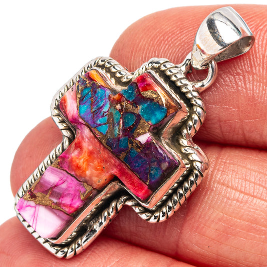 Sterling silver pendant with multicolor mosaic stone rectangle and hinged bail