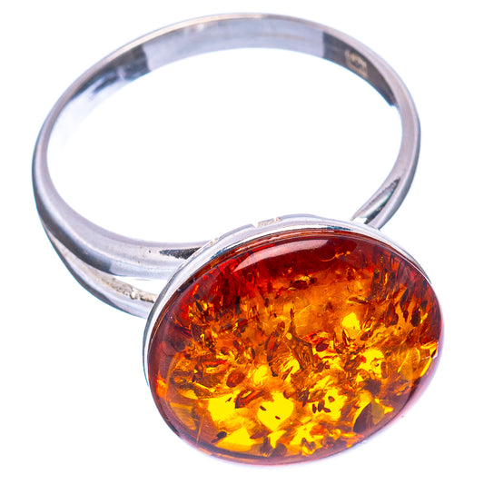 Round cognac Baltic amber cabochon on .925 sterling silver adjustable ring band