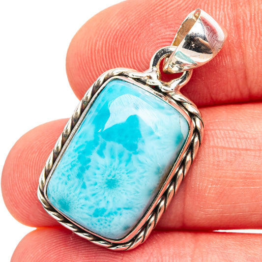 Larimar pendant in .925 sterling silver, rectangular blue gemstone with twisted rope bezel