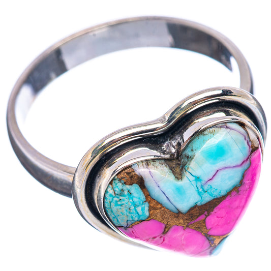 Turquoise and pink heart inlay ring with raised bezel, .925 sterling silver, size 8.75