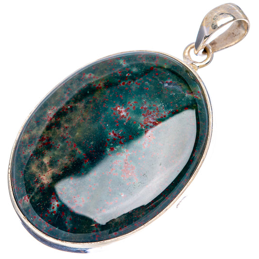 Oval bloodstone cabochon pendant with sterling silver frame and loop bail, side view