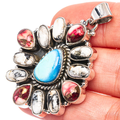 Rare Golden Hills Turquoise, Red Dahlia Mohave Turquoise, Wild Horse Jasper Native Style Pendant 1 7/8" (.925 Sterling Silver)