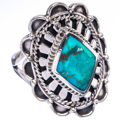 Sterling silver ring with ornate bezel and rectangular turquoise gemstone, side details
