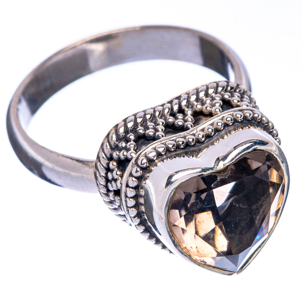 Sterling silver ring with smoky topaz heart-cut gemstone and raised ornate bead band