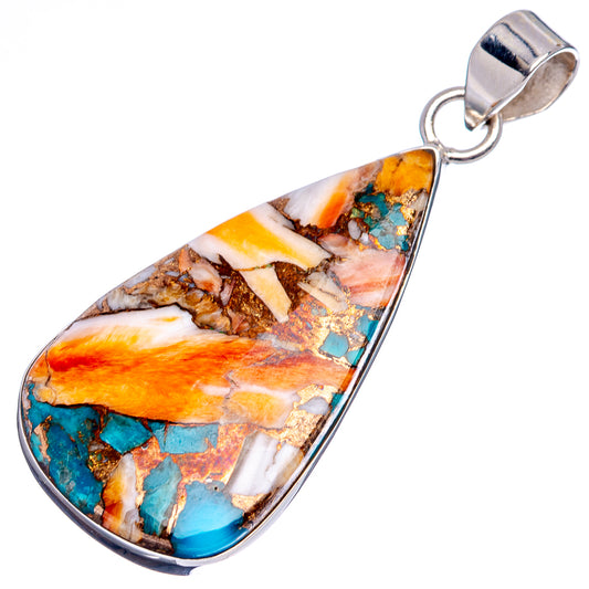 Teardrop spiny oyster pendant with turquoise and orange inlay, .925 sterling silver bail