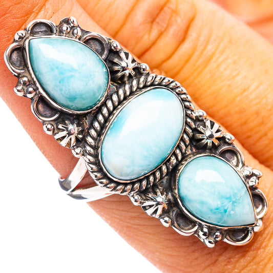Sterling silver larimar ring with three oval blue stones, ornate bezel settings