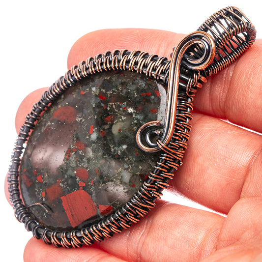 Oxidized copper wire wrap bloodstone pendant with teardrop cabochon and loop bail