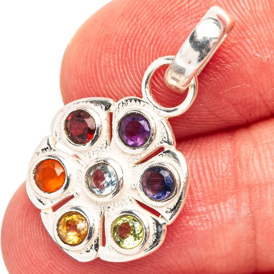 925 sterling silver chakra pendant with round multicolor gemstone inlay, top bail loop