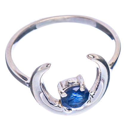 Sterling silver ring with blue oval gemstone in crescent-style bezel, top view