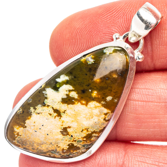 Sterling silver teardrop pendant with amber and green rhyolite gemstone cabochon