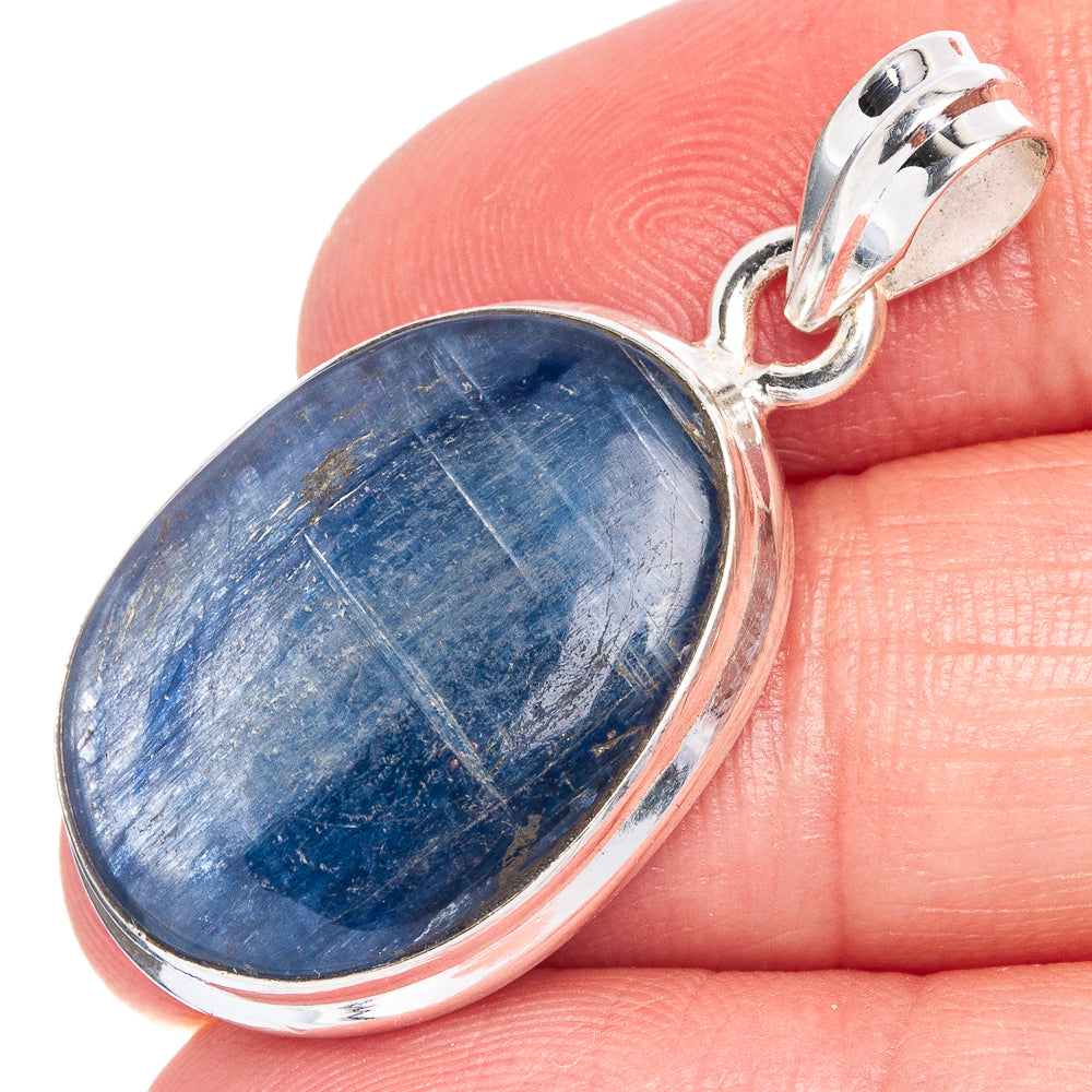 Oval blue kyanite cabochon sterling silver pendant with hinged bail