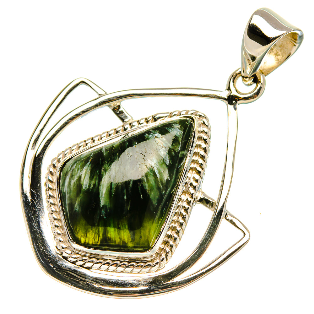 Sterling silver seraphinite pendant with green cushion stone, rope border, and bail loop