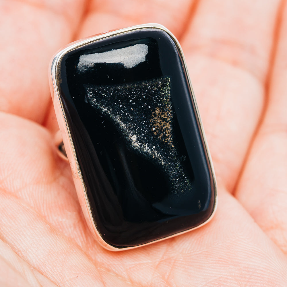 Premium Black Agate Druzy Ring Size 8.75 (.925 Sterling Silver)