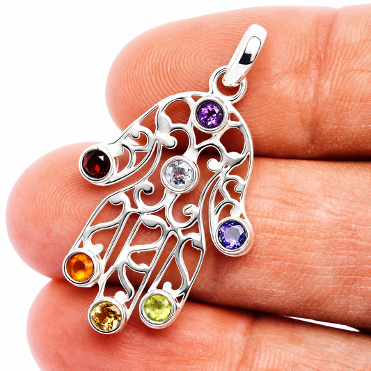 Chakra Hamsa Pendant 1 3/8" (.925 Sterling Silver)
