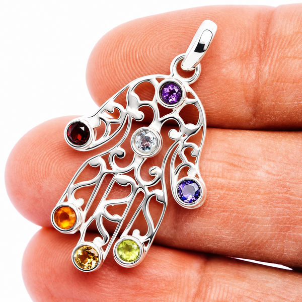 Chakra Hamsa Pendant 1 3/8" (.925 Sterling Silver)