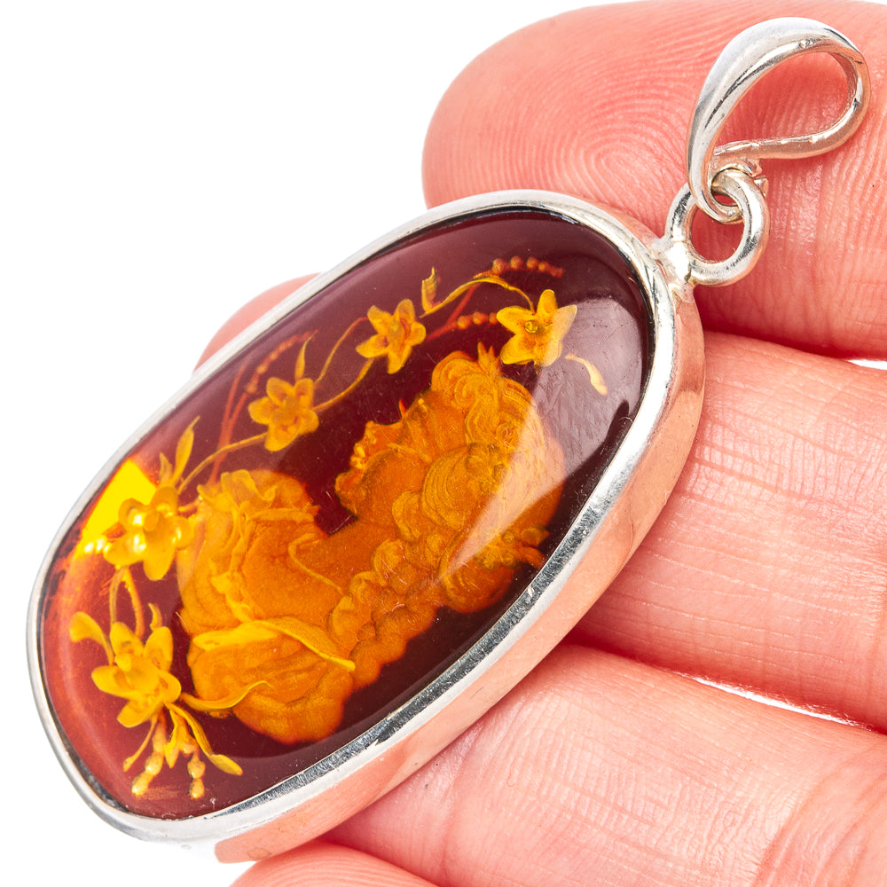 Amber Intaglio Lady Pendant 2" (925 Sterling Silver) P42579