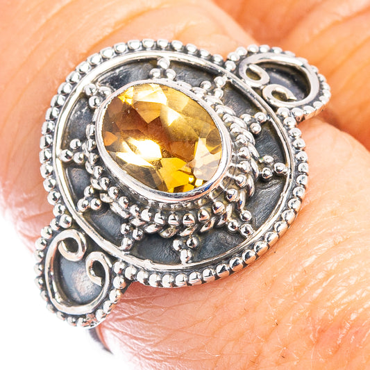 Size 8 citrine ring in .925 sterling silver, oval yellow gemstone with ornate bezel