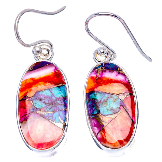 Pair of sterling silver oval turquoise inlay drop earrings with multicolor stone