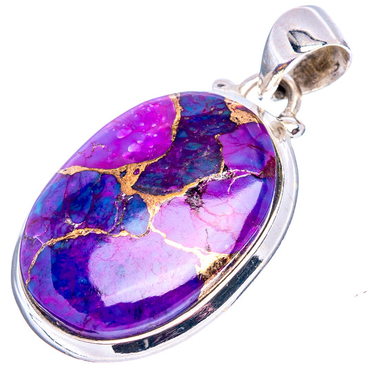 Oval purple turquoise pendant with gold matrix stone in .925 sterling silver frame