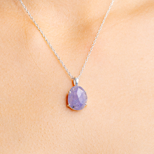 Sterling silver tanzanite pendant necklace with oval purple gemstone and silver chain