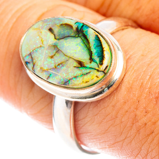 Sterling silver oval opal ring with green-blue natural stone center detail
