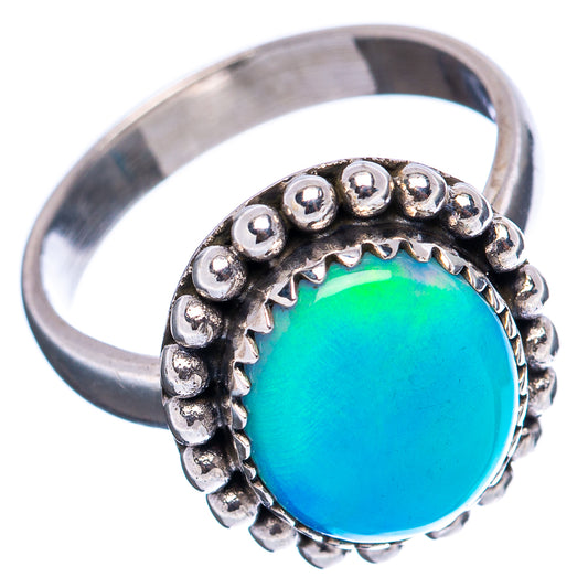 Turquoise opal sterling silver ring with scalloped beaded setting and slim band, size 6.75