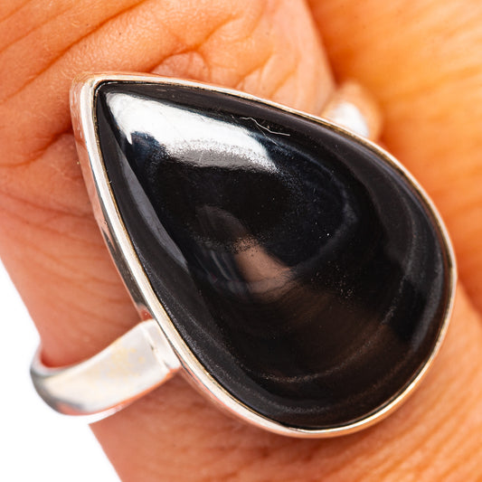 Sterling silver ring with black teardrop psilomelane cabochon, bezel set