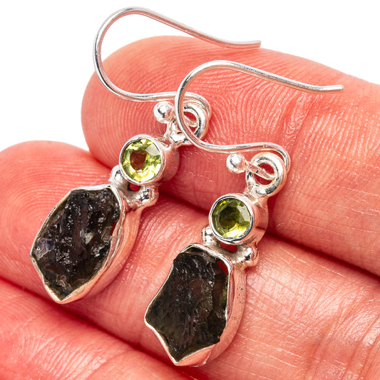 Moldavite earrings in .925 sterling silver, green round accents with dark rough drops