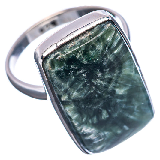 Size 7 sterling silver ring with rectangular bezel-set green seraphinite cabochon