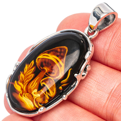 Amber Intaglio Mushroom Pendant 1 3/4" (925 Sterling Silver) P42566
