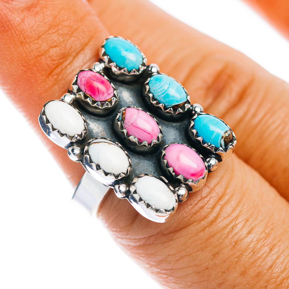 Exclusive Southwestern Style Cotton Candy Turquoise, White Buffalo Turquoise Ring Size 6 Adjustable (.925 Sterling Silver)