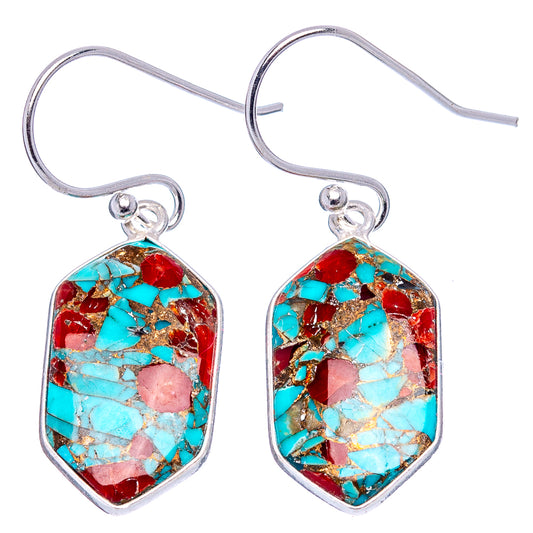 Turquoise and coral matrix teardrop earrings in .925 sterling silver, shown as pair