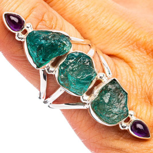 Sterling silver statement ring with green rough gemstones and two purple amethyst stones