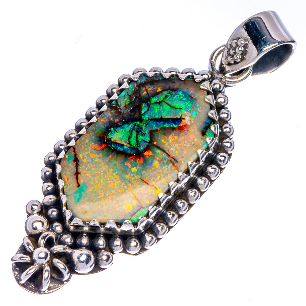 Sterling silver opal pendant, oval green opal with gold flashes, loop bail and bead trim