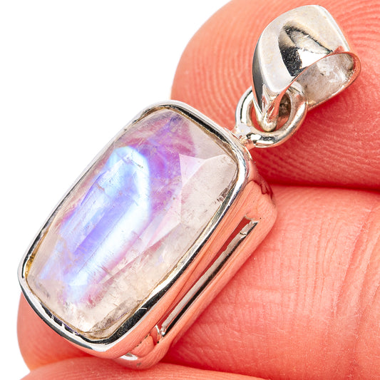Sterling silver moonstone pendant with rectangular iridescent stone and loop bail