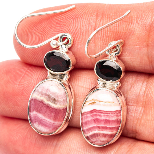Oval rhodochrosite and garnet drop earrings in .925 sterling silver, French hooks