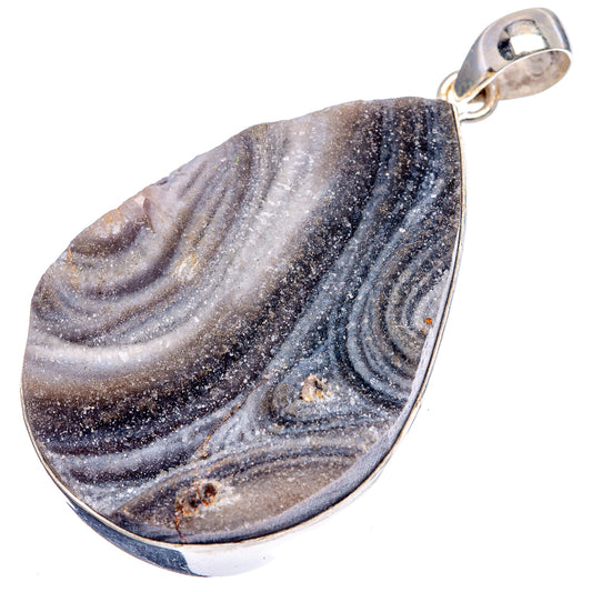 Sterling silver bail teardrop druzy pendant with dark gray, blue and gold flecks