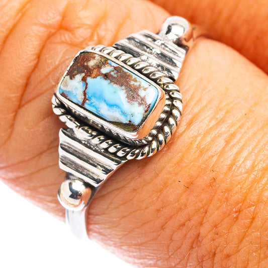 Turquoise dainty sterling silver ring with square bezel stone, rope and ridged band