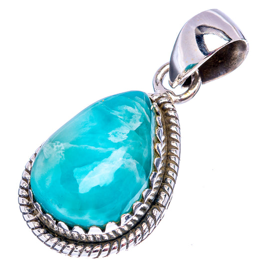 Turquoise larimar teardrop pendant with .925 sterling silver bail and rope-edge setting