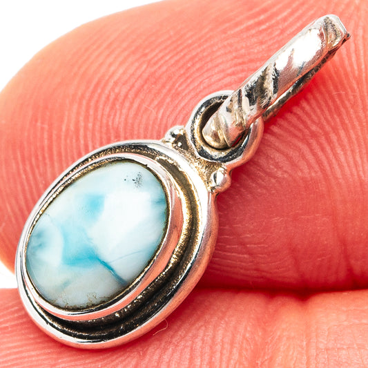Oval larimar stone pendant in .925 sterling silver with detailed bezel setting