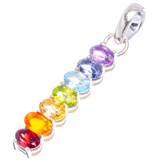 Sterling silver chakra pendant with five prong-set multicolor gemstone beads and open bail