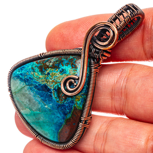 Oxidized copper wire-wrap pendant with teardrop blue-green stone and loop bail