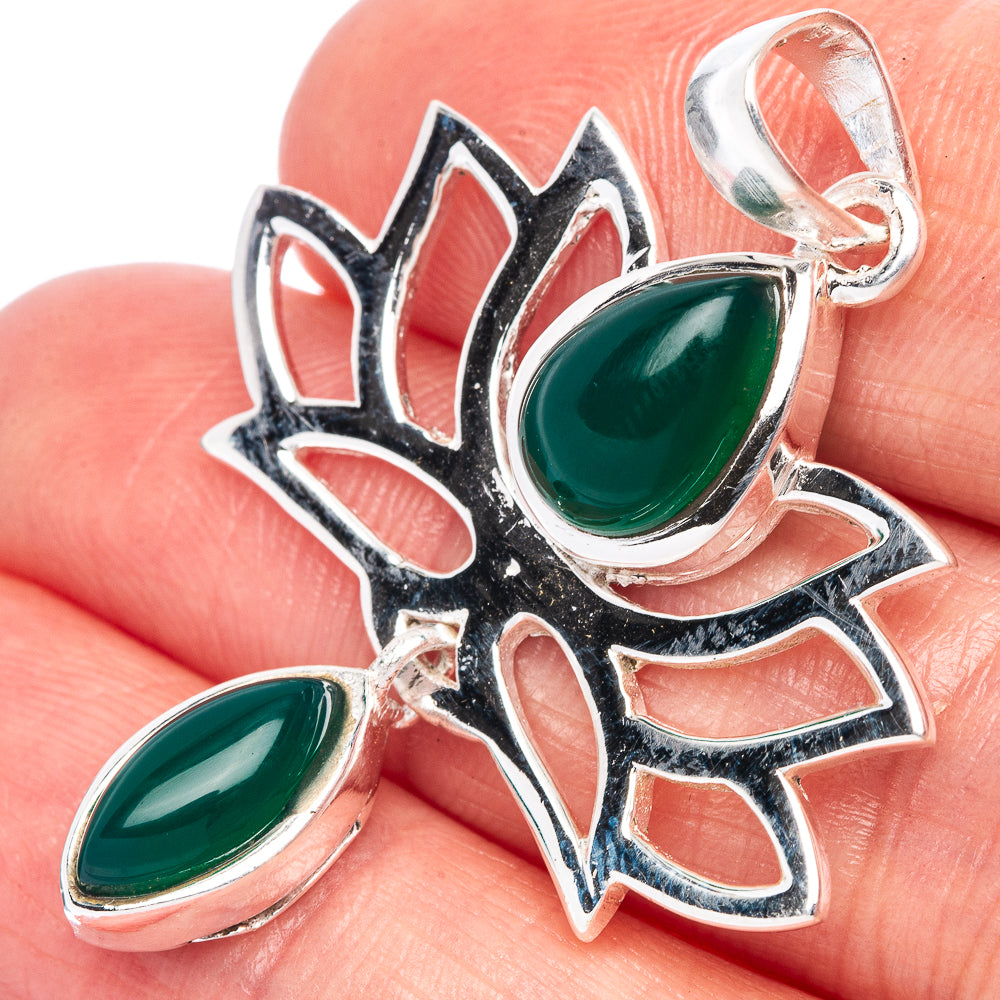 Lotus dainty pendant in sterling silver with green onyx cabochon teardrops
