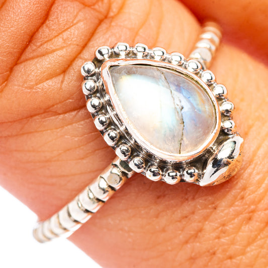 925 sterling silver moonstone ring with pear-shaped iridescent stone, bead border