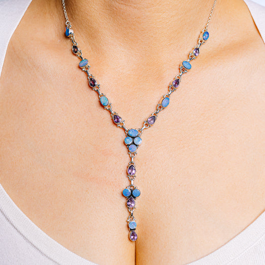 Sterling silver necklace with oval blue opal doublets and purple amethyst drops
