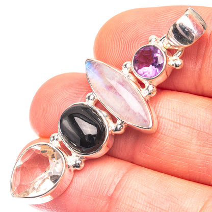 Rainbow Moonstone, White Quartz, Black Onyx, Amethyst Pendant 1 7/8" (925 Sterling Silver) P38700