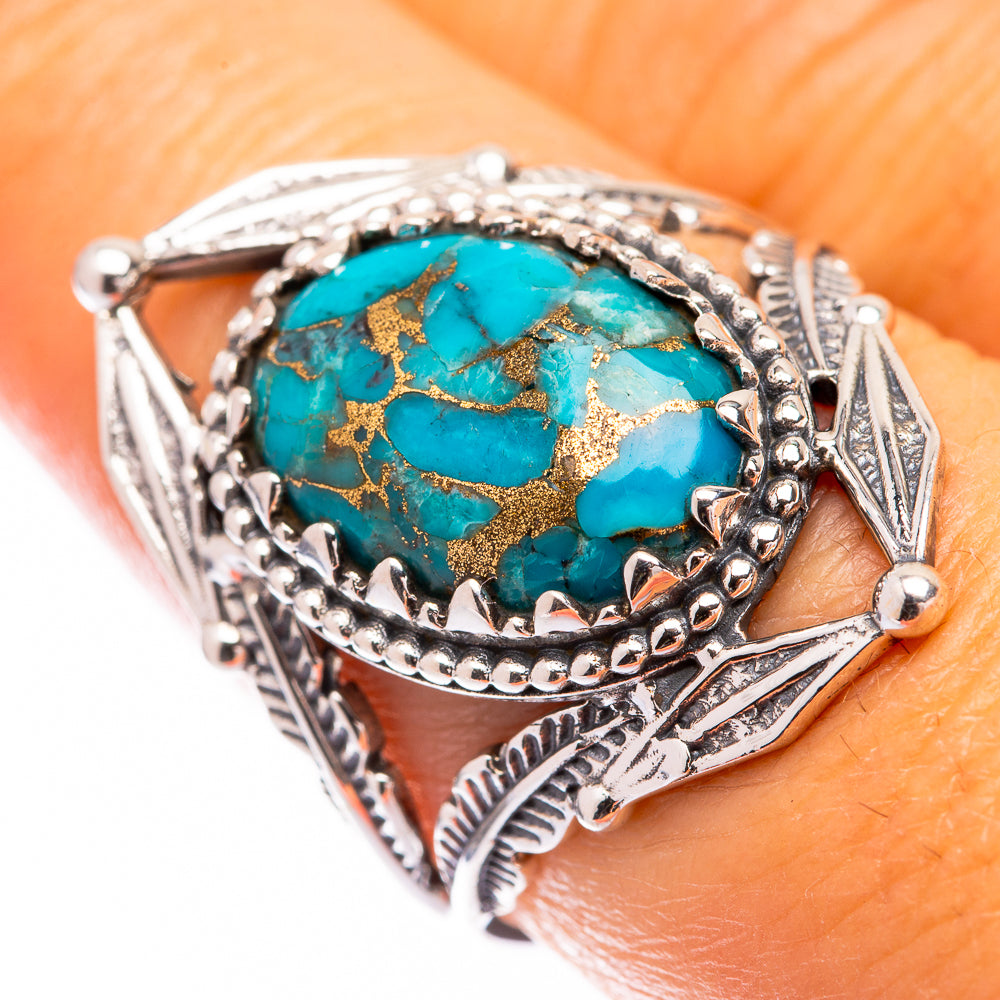 Turquoise oval inlay sterling silver ring with ornate filigree, size 8.25